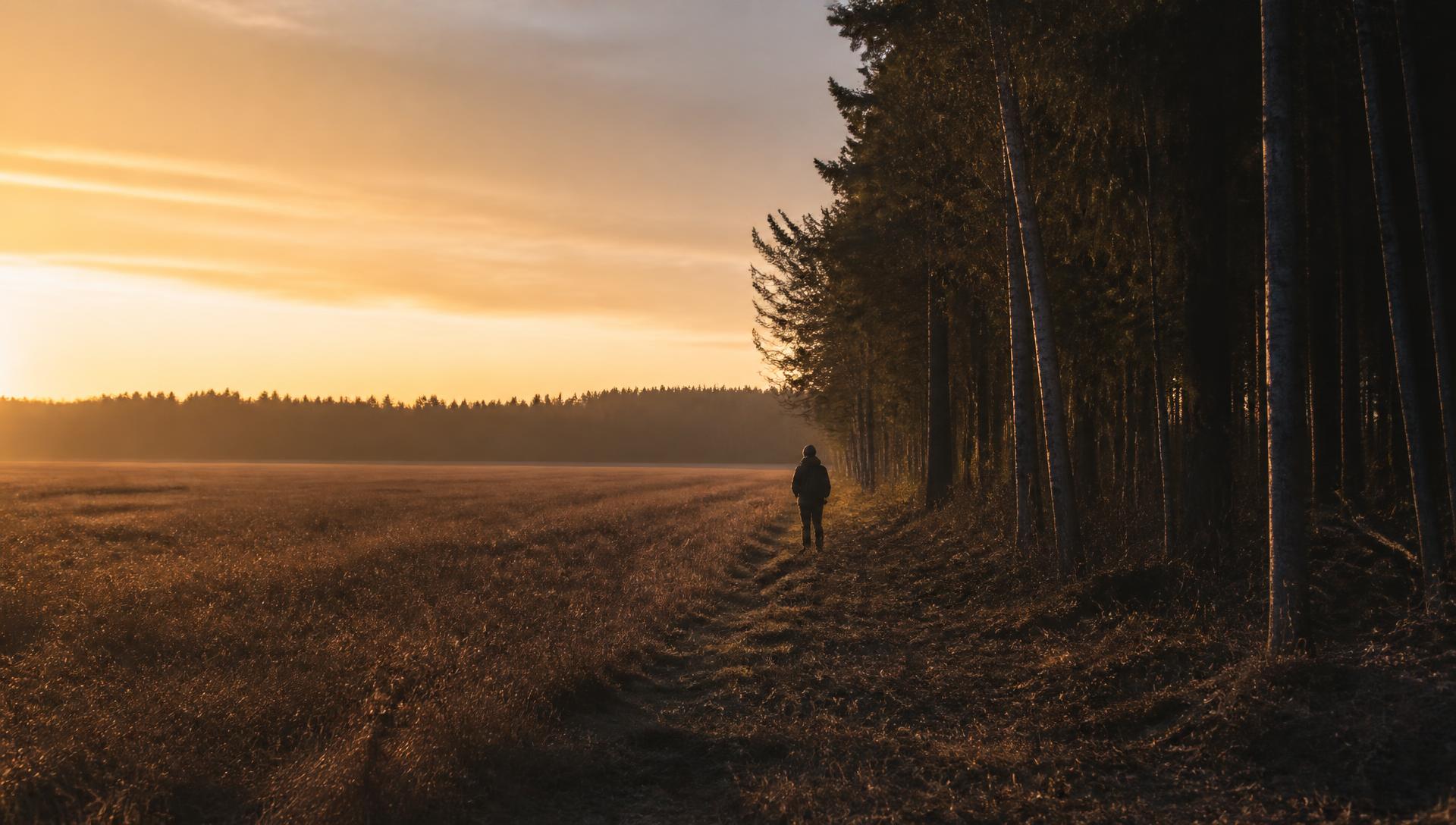A lone figure walking a field edge beside a treeline at sunset
